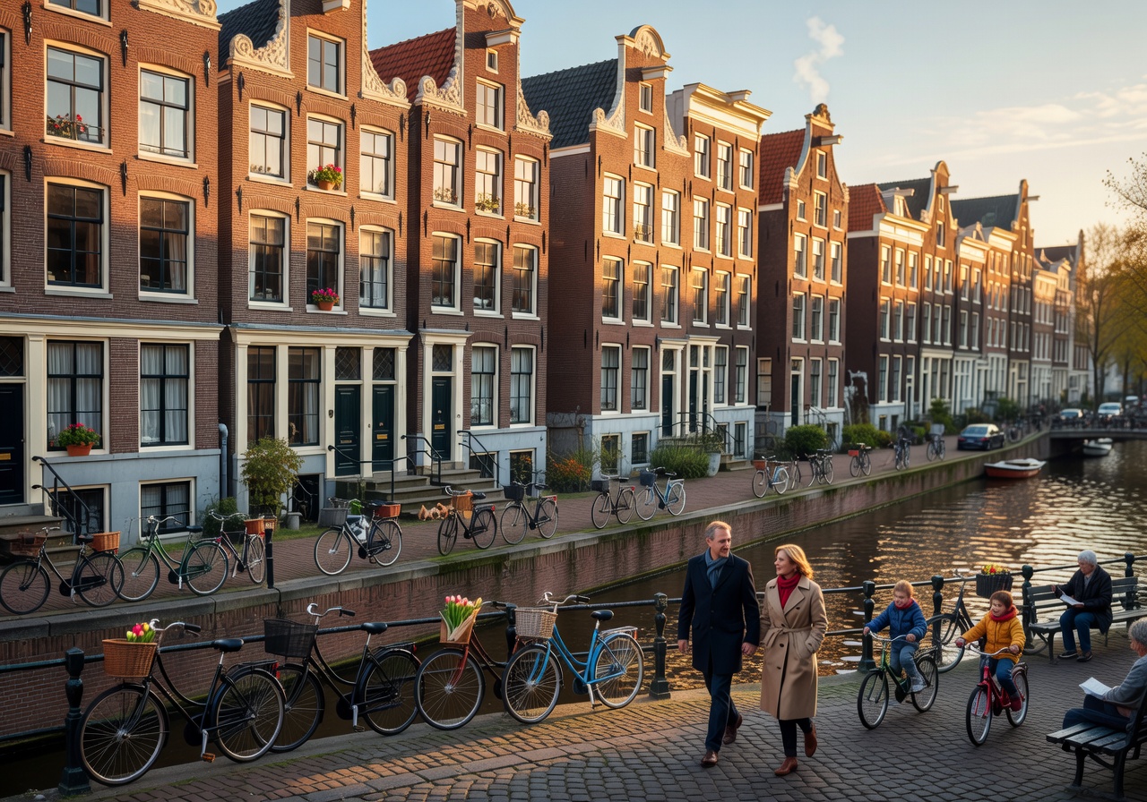 Amsterdam canal houses and bicycles with charming European lifestyle