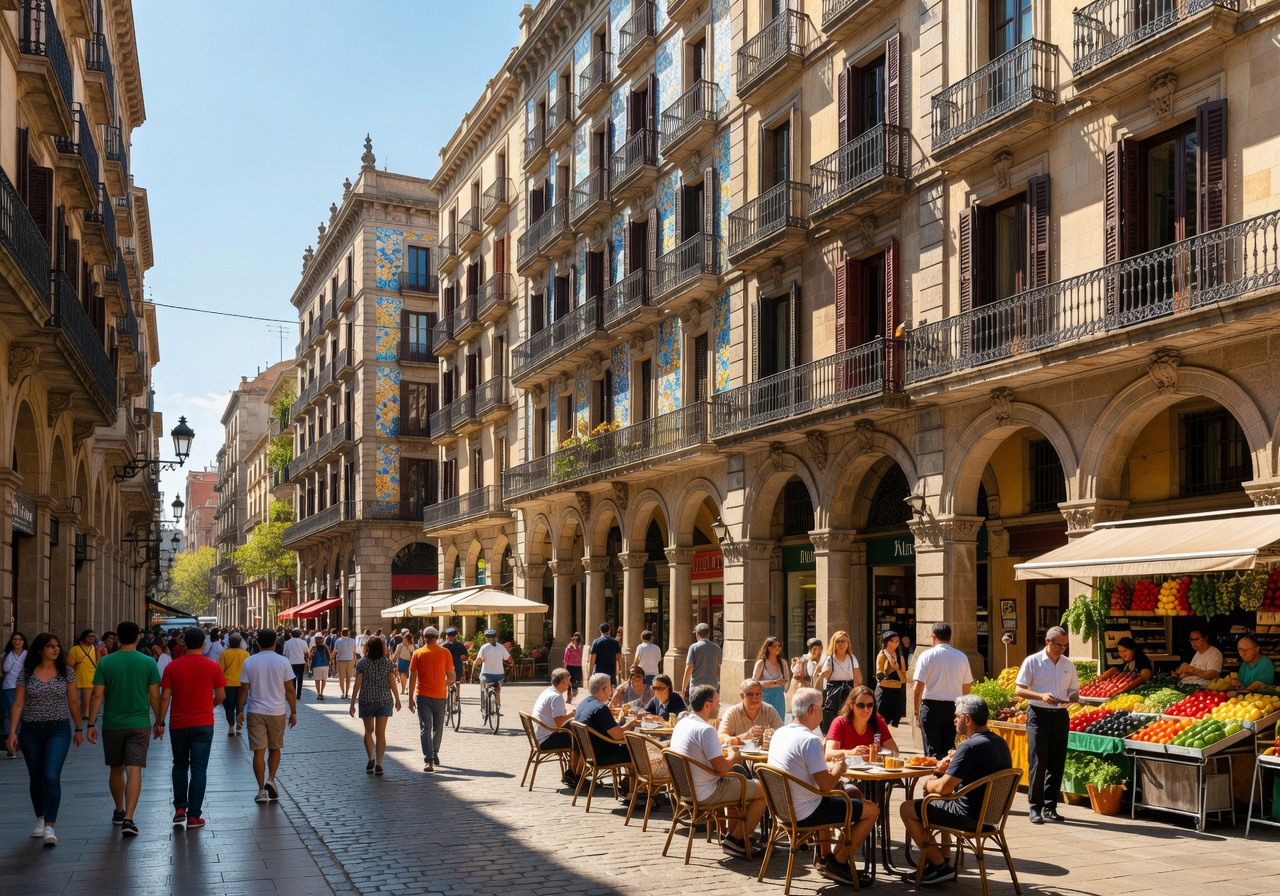 Barcelona sunny street life with European architecture and vibrant atmosphere