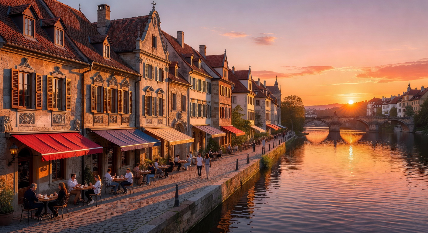 Beautiful European city with sunset lighting over historic architecture and riverside cafes