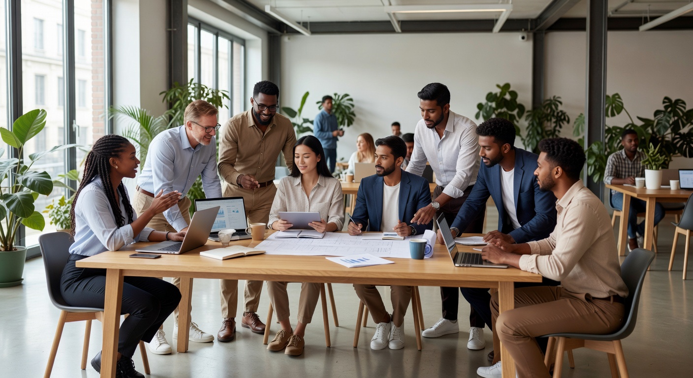 Diverse team collaborating in modern European coworking space