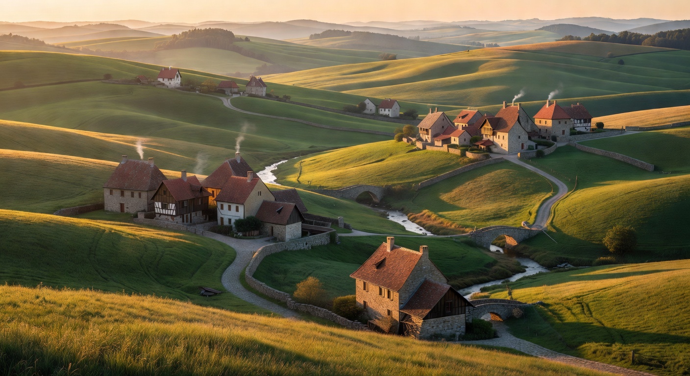 European countryside landscape with rolling hills and charming villages