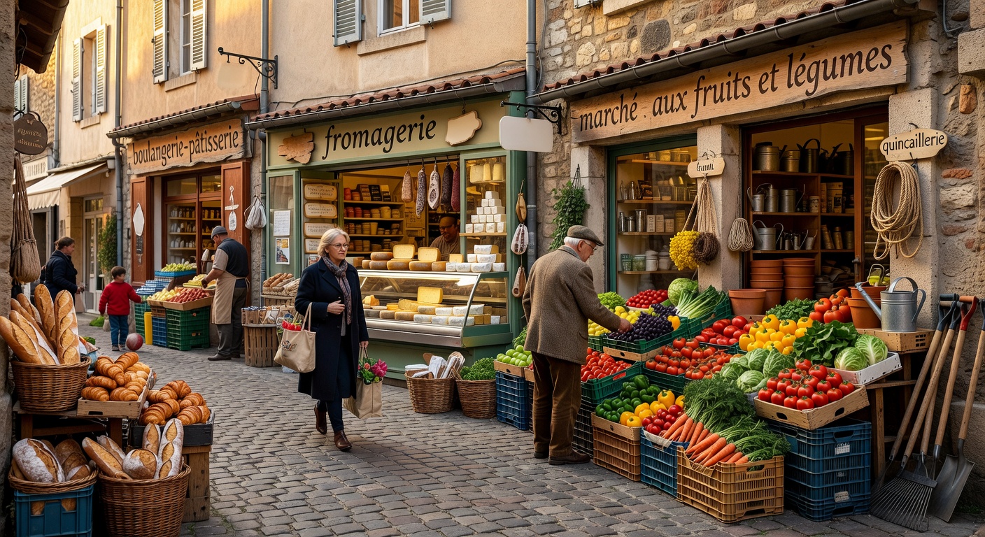 European market street with local shops and everyday lifestyle essentials
