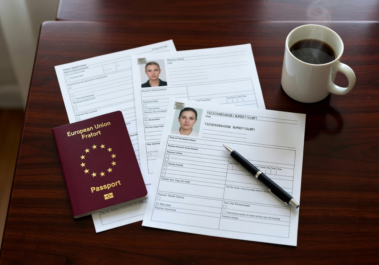European passport documents and visa application forms for relocation