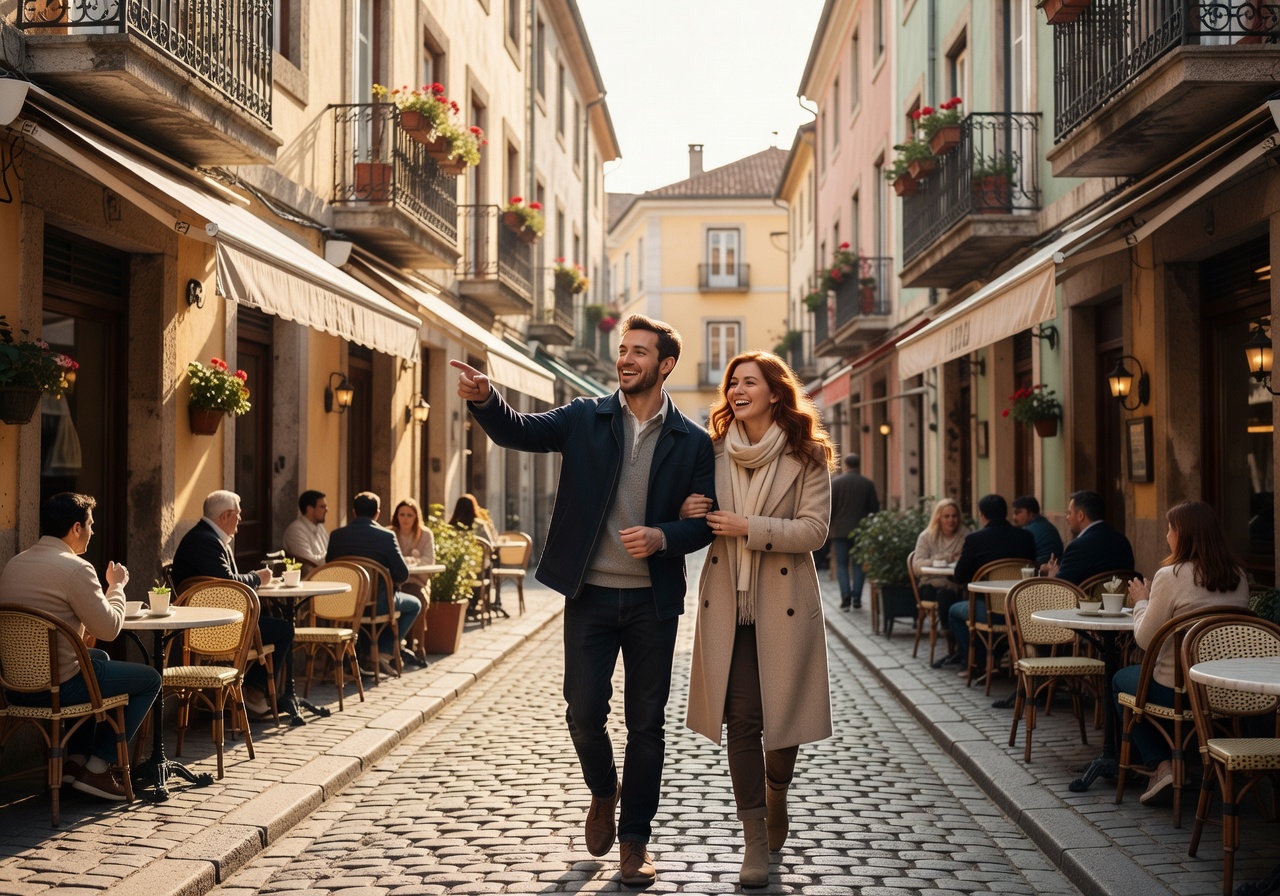 Happy couple exploring a charming European city street with cafes