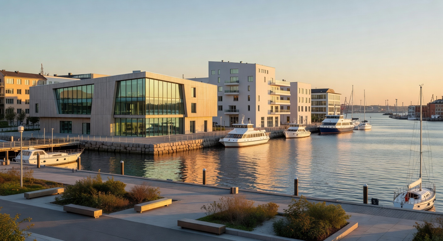 Helsinki cityscape with harbor waterfront and modern Nordic architecture at golden hour
