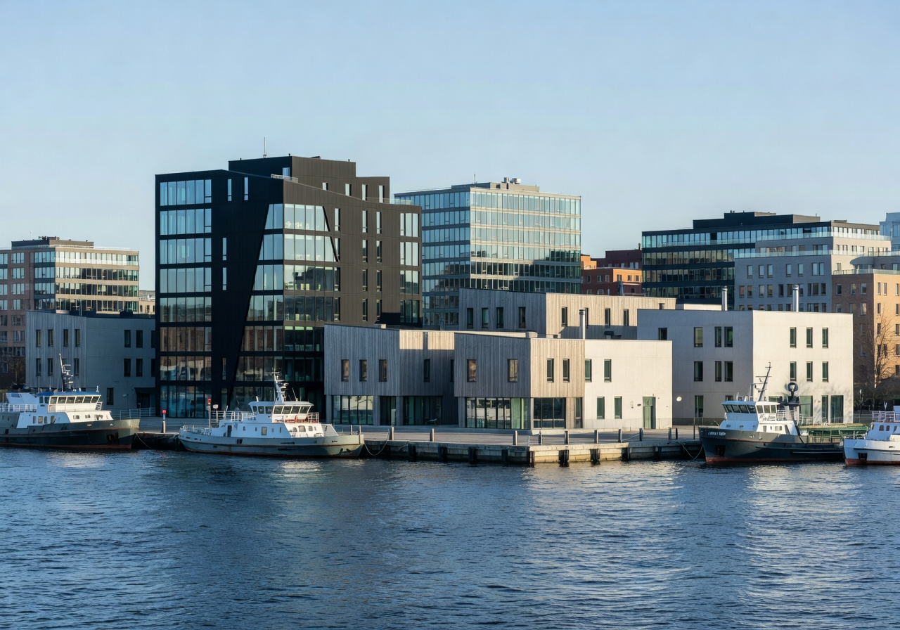 Helsinki modern Nordic cityscape with harbor and contemporary architecture