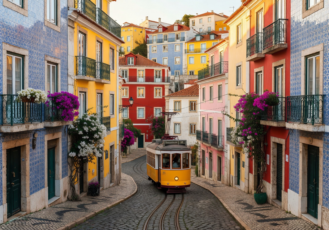 Lisbon colorful hillside streets with tram and Portuguese architecture