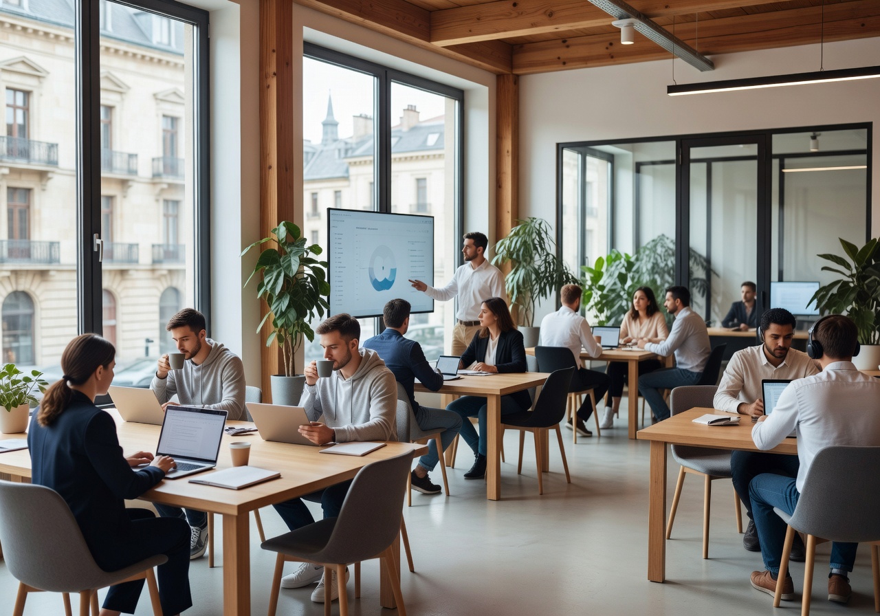 Modern European coworking space with professionals and remote workers