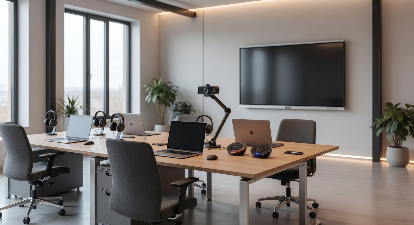 Modern European office workspace with communication technology and devices