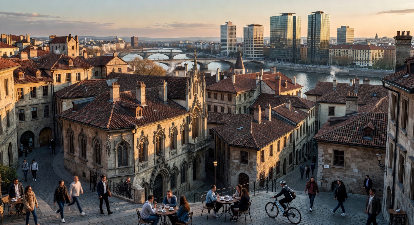 Panoramic European cityscape with historic architecture and modern lifestyle