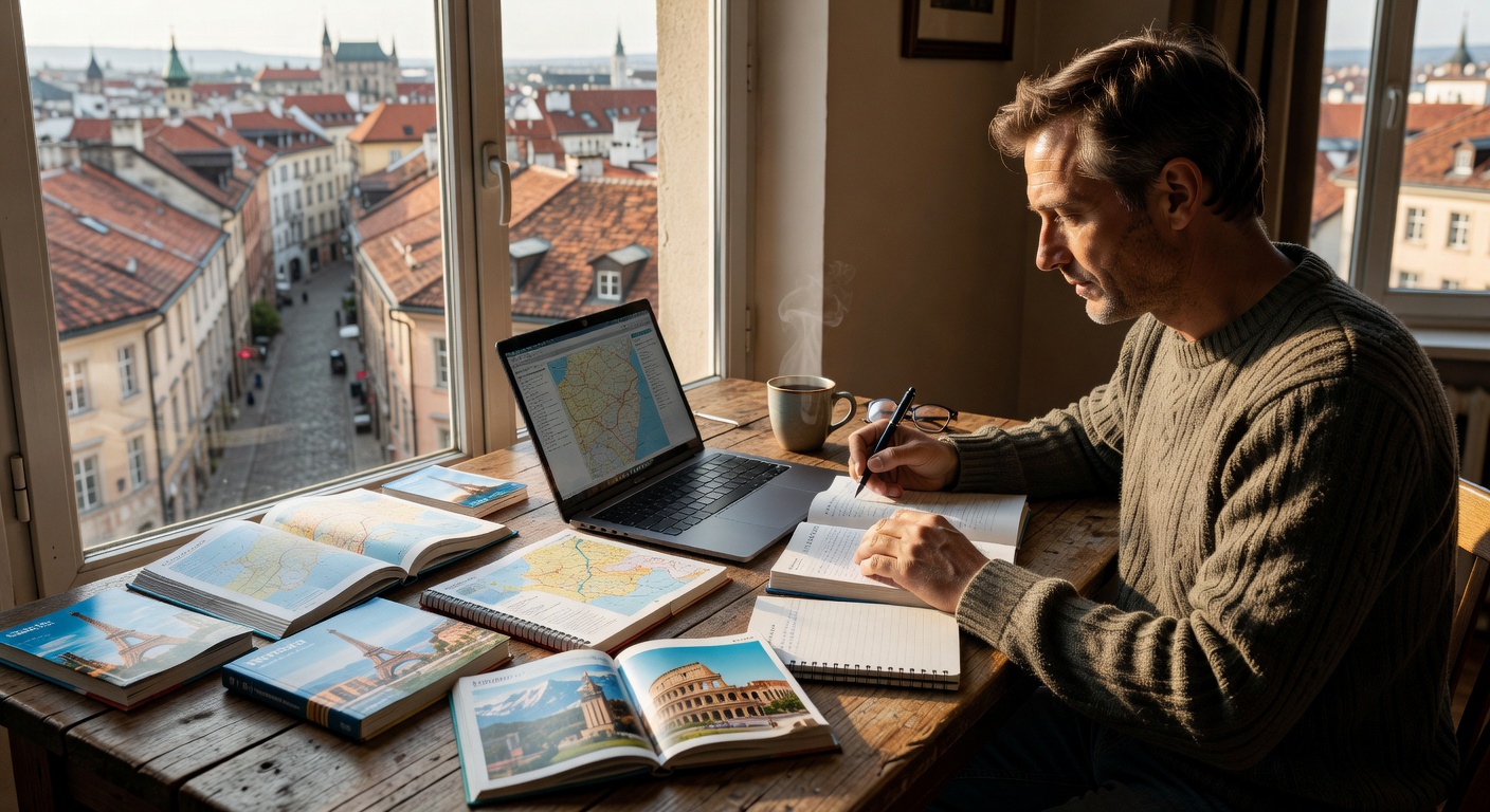 Person planning European relocation with travel guides and laptop