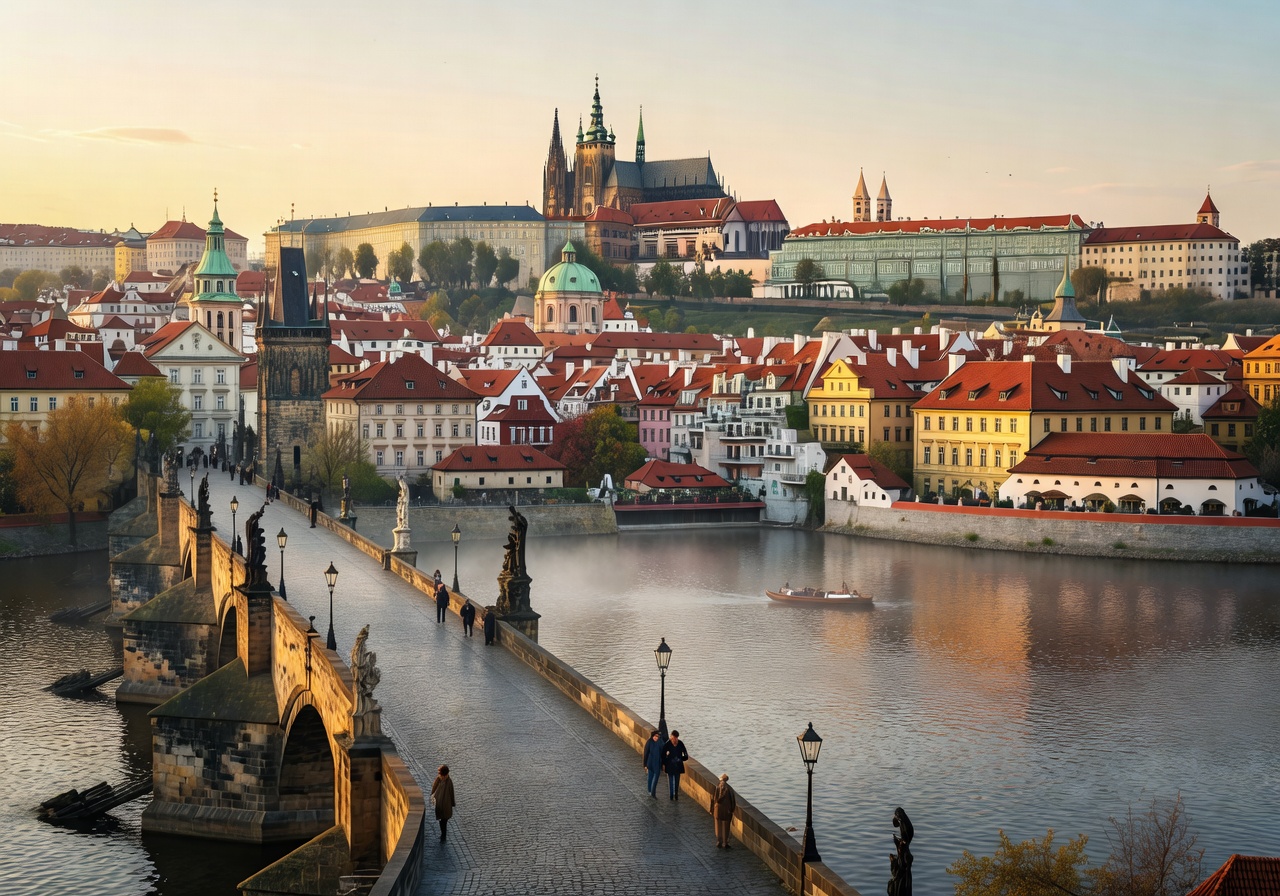 Prague historic bridges and castle with Bohemian European atmosphere