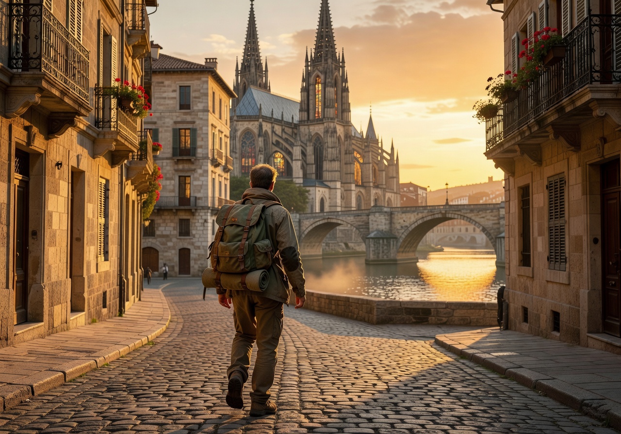Traveler exploring European city with backpack and map planning relocation