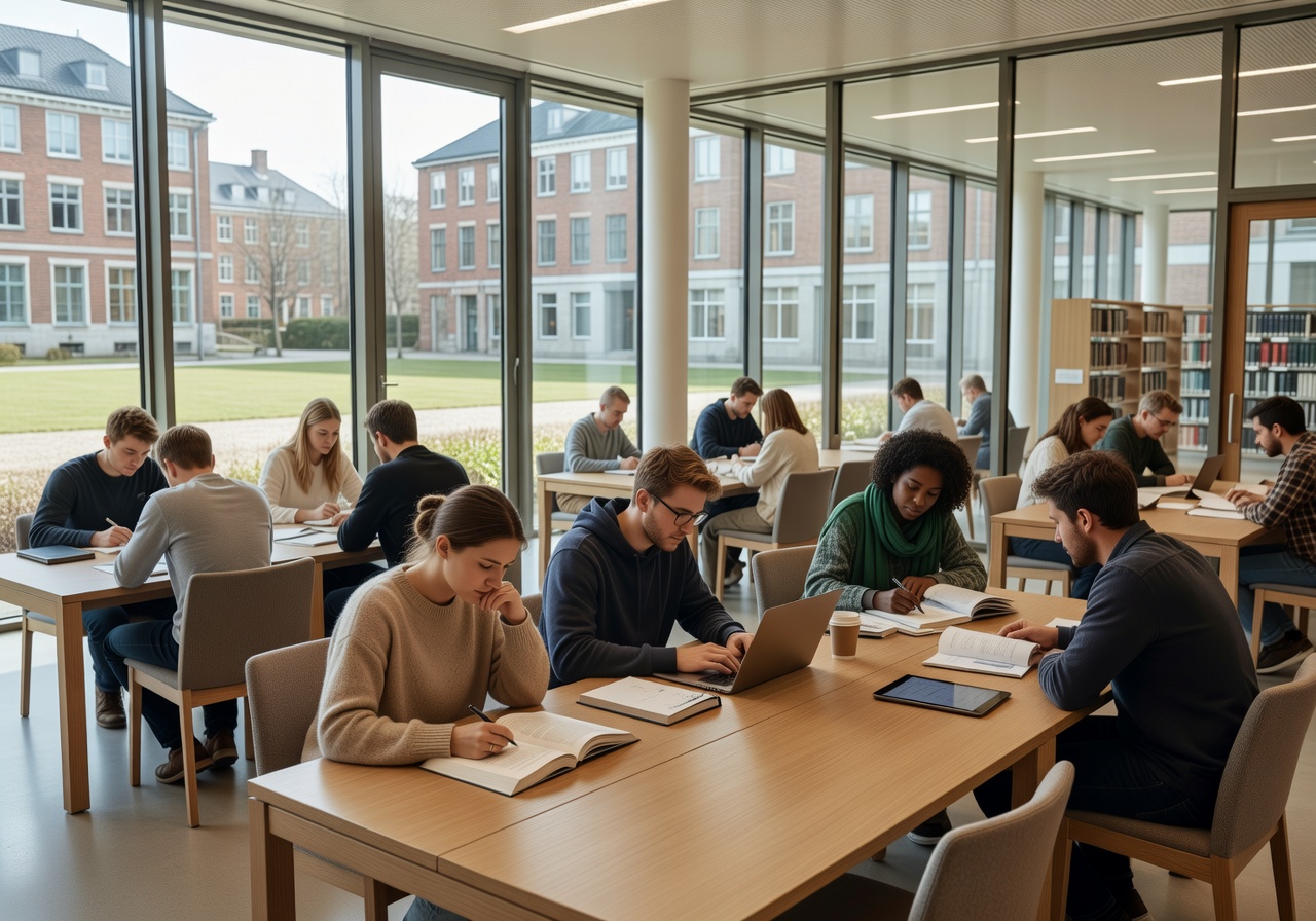 University students studying in a modern European campus library