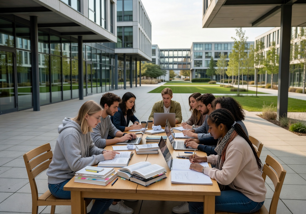 University students studying together in modern European campus